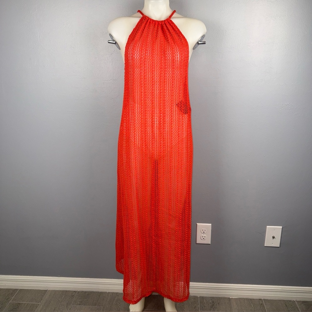 C&C California Knit Crochet Maxi Coverup Dress XL Red Orange Sheer Resort Wear